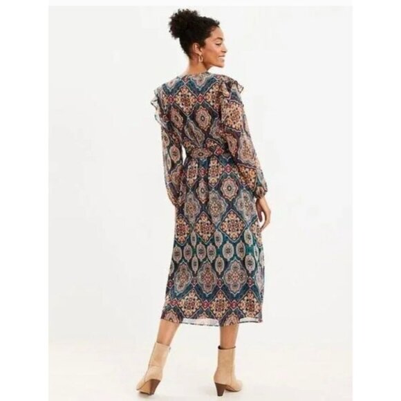 LOFT dress midi Womens Sz Large petite Boho medallion Patterned Belt Green long - Picture 3 of 12